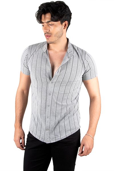 DeepSEA Men's Grey-black Stripe Patterned High Collar Short Sleeve Combed Cotton Shirt2305010