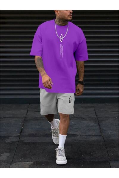 ORLONTEX Men's Purple Vertical Printed Oversize Shorts T-Shirt Set