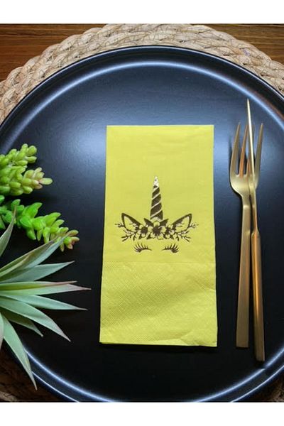 kidspartim Gold Gilded Yellow Unicorn Waiter Folding Napkin 16 Pieces