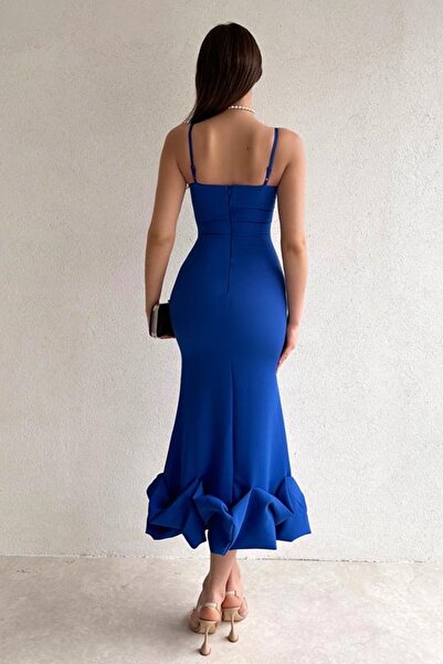 lovebox Атласна тканина з наповненими грудьми спідниця міді довжиною олівець Saks Синя вечірня сукня 161