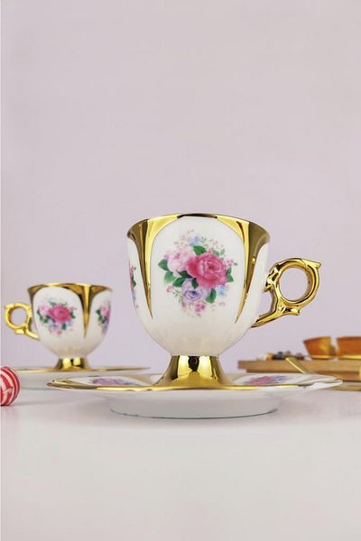 Digithome Gilded Coffee Cup Set for 2 People - Gold Kosova Porcelain Ist-142 C320.049