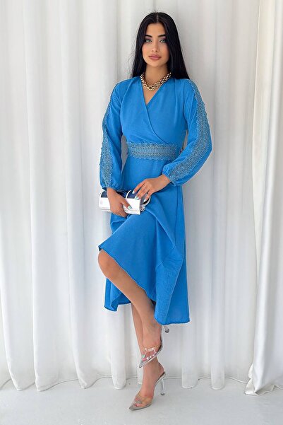 Neşeli Butik Жіноча сукня з мереживом для випускного вечора Kklf11 - Синя