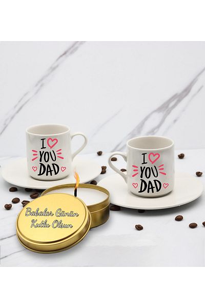 vegahediye v vega I Love You Dad Printed 2-Piece Turkish Coffee Cup & Metal Candle Gift Set Special Gift for Father's Day B2