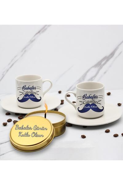 vegahediye v vega Special Printed 2-Piece Turkish Coffee Cup & Metal Candle Gift Set for Father's Day Special Gift for Father's Day