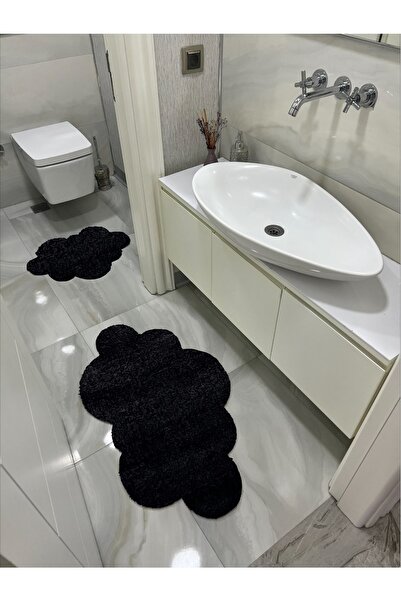 Shal&Shal 2-Piece Laser Cut Cloud Model Bath Mat Black Plush Carpet