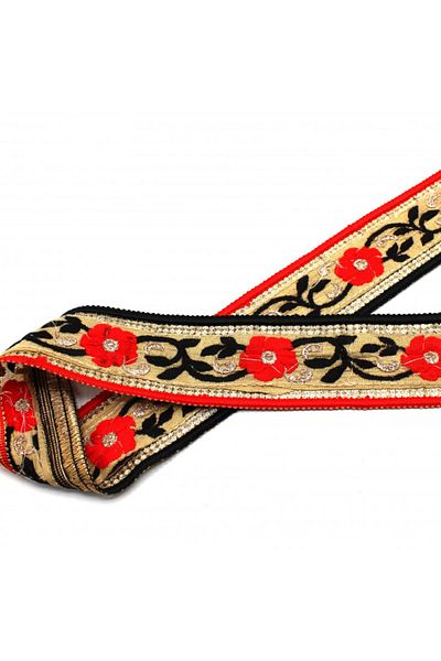 bidoluhobi Indian Work Stripe with Flower Motif Black - Red