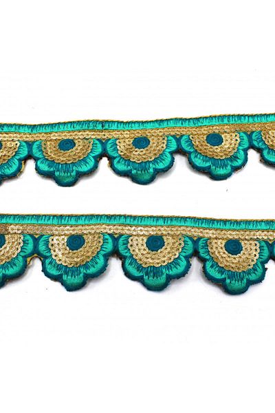 Turgut Brode Indian Handwork Stripe Sequin Motif Flower Turquoise