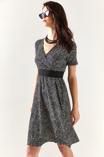 Olalook Women's Black Patterned Short Sleeve Double Breasted Flared Dress ELB-19001894