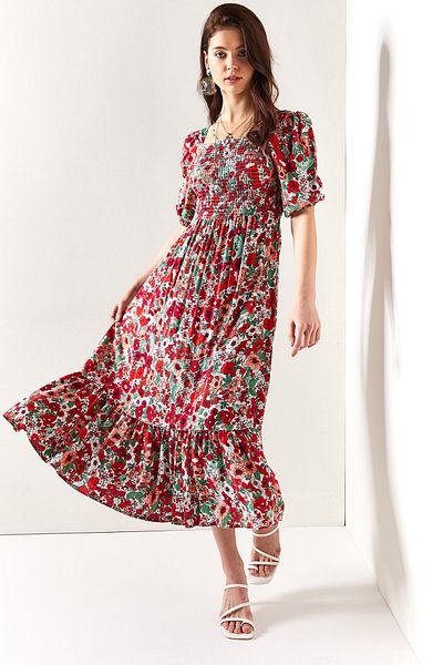 Olalook Women's Red Mint Glittered Casual Woven Viscose Dress ELB-19001483