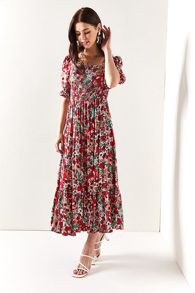 Olalook Women's Red Mint Glittered Casual Woven Viscose Dress ELB-19001483