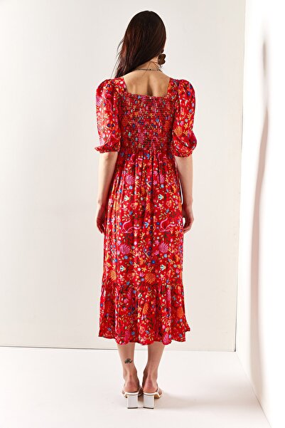 Olalook Women's Red Small Floral Elastic Casual Woven Viscose Dress ELB-19001483