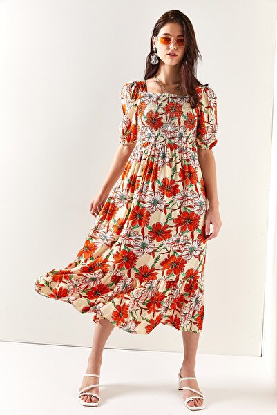 Olalook Kadın Bej Turuncu Gipeli Salaş Dokuma Viskon Elbise ELB-19001483