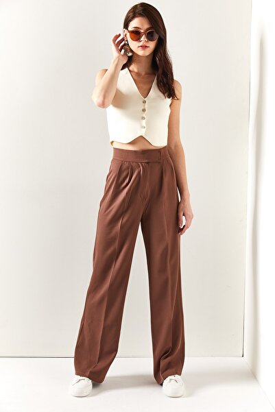 Olalook Kadın Toprak Beli Cırtlı Pileli Palazzo Pantolon PNT-19000222
