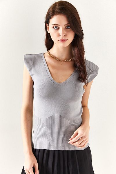 Olalook Graue Damen-Strickbluse mit Schulter- und Rockdetails vorne und hinten, V-Ausschnitt, BLZ-19002207