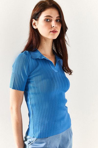 Olalook Γυναικεία πλεκτά μπλούζα Indigo Polo με κορδόνι BLZ-19001833
