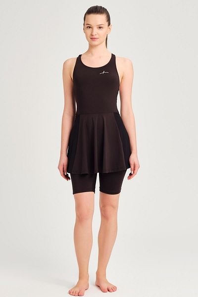 Haşema Black Jumpsuit with Swimmer Back Skirt and Mesh Detail