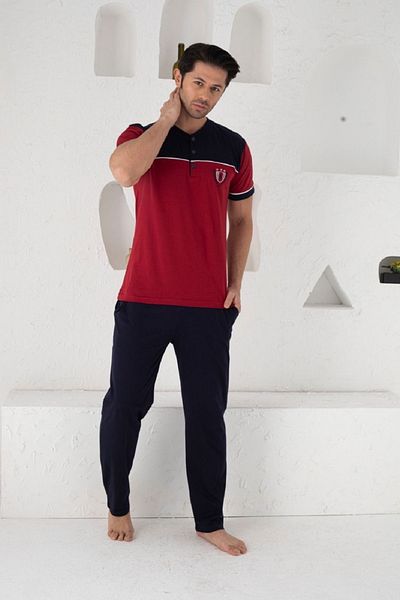 KAPİTEX Short Sleeve, Six Long Spaced Pockets, Three Buttons Burgundy Color Men's Pajamas Set