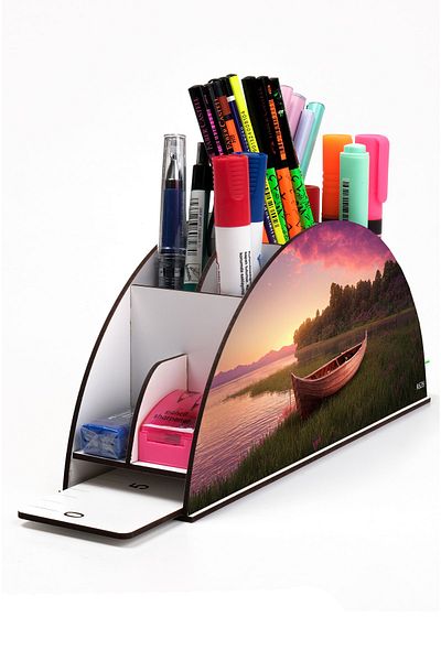 kutuTR Wooden Vip Landscape Rainbow Ruled Desktop Pen Holder Organizer with Assembled Box