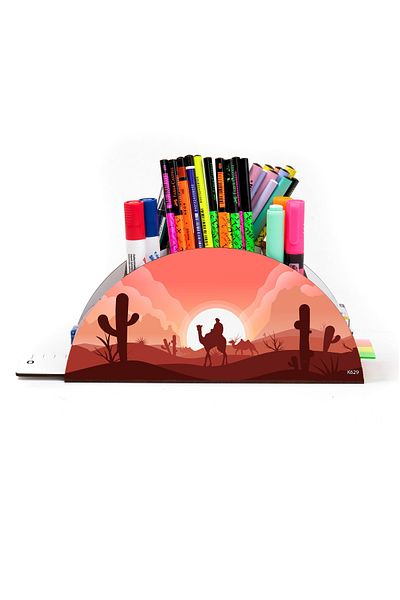 kutuTR Wooden Vip Landscape Rainbow Ruled Desktop Pen Holder Organizer with Assembled Box