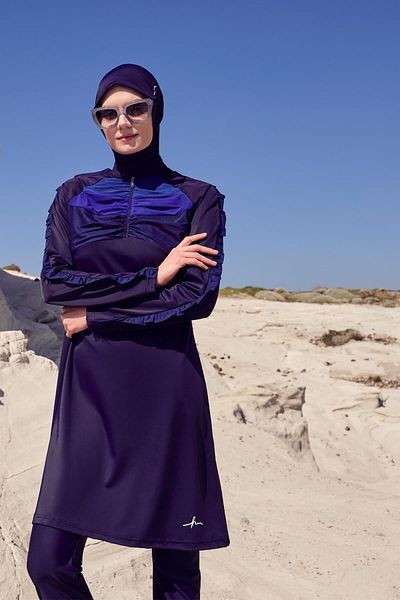 Haşema Σετ μαγιό Hijab 5 τεμαχίων με λεπτομέρεια από τούλι Navy Blue Lycra