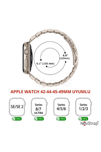 NovStrap Apple Watch Seri 7/8/9 45mm Uyumlu Kordon Starlight Yıldız Işığı Klasik Metal Çelik Kordon