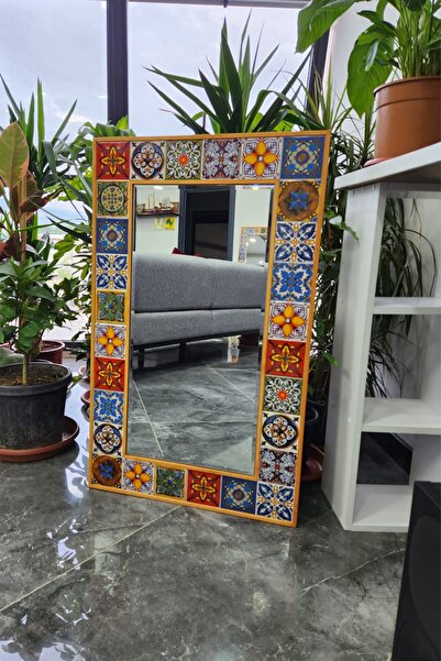 bluecape Doğal Ağaç 60x100 Cm Çini Seramik Kayın Çerçeveli Dekoratif Ayna