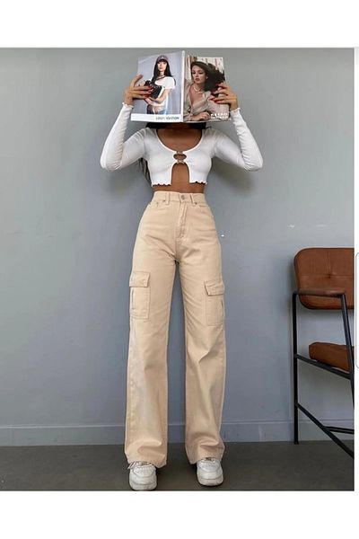 Trn JNS Lori Γυναικείο Μπεζ Colorfast Lycra Μοντέλο Cargo Palazzo Παντελόνι χωρίς πίσω τσέπη