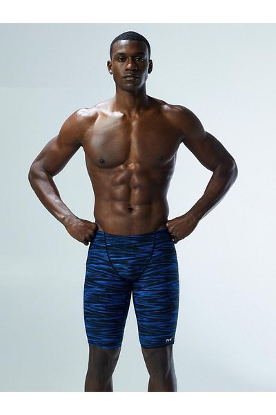 TYR Sport Tyr Durafast Elite Fizzy Men's Jammer Swimsuit, Knee Length, Blue Striped Pattern