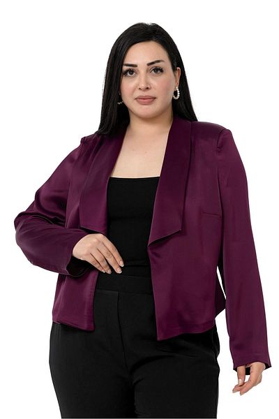 DISENTIS MODEST Jachetă cu guler șal de dimensiuni plus mari, scurtă din prune din satin, fără căptușeală