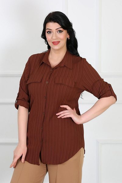 By Alba Collection Дамска риза от креп плат, кафява, големи размери