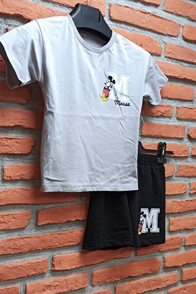 endudu Yeni Sezon Oversize Ön Arka Baskılı Mickey Mouse Desenli Yazlık Şortlu Alt Üst Takım