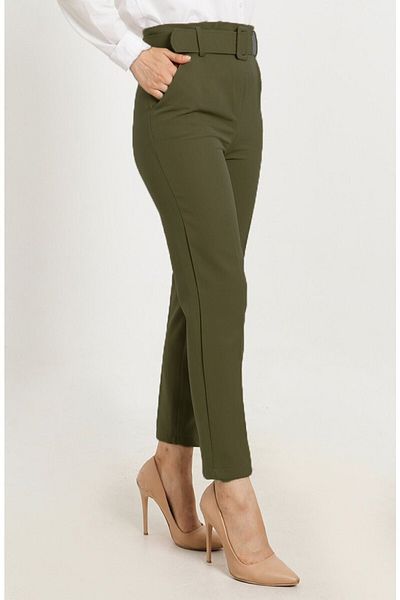 Aşkı Endam Large Size High Waist Skinny Leg Trousers with Balca Belt Gift - Khaki