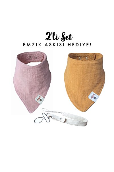Müslin Bebek Salya Önlüğü, 2'li Set, Emzik Askısı ve Üçgen Fular Bebek Mama Önlüğü