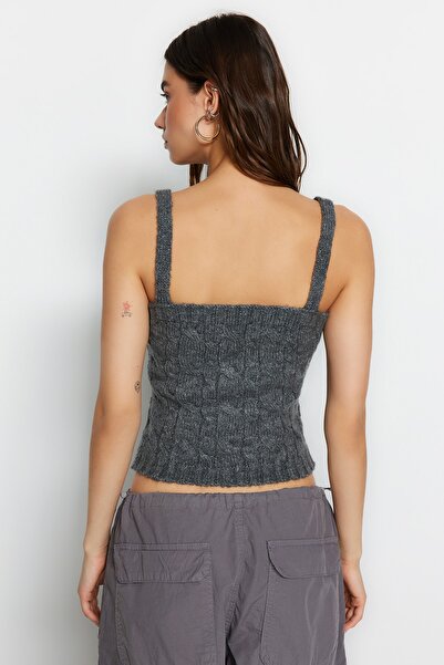 Trendyol Collection Anthracite Crop Openwork/Perforated 2-Piece Knitwear Sweater Twoaw24Kz00099