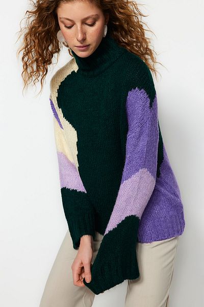 Trendyol Collection Pulover de tricotaj cu croială largă, verde smarald, cu textura moale, blocuri de culoare TWOAW20XS0047