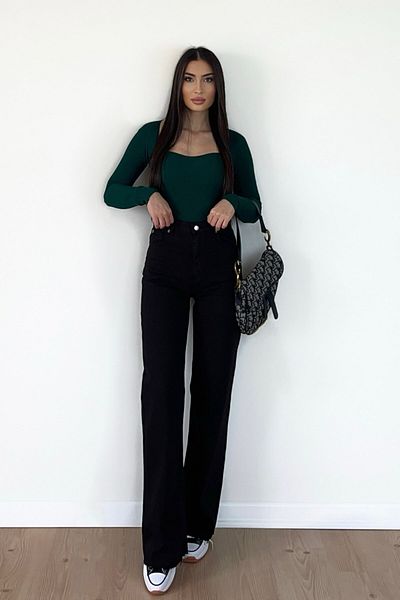 Geppetto Jeans Silva negri cu talie înaltă, cu picioare largi, blugi largi