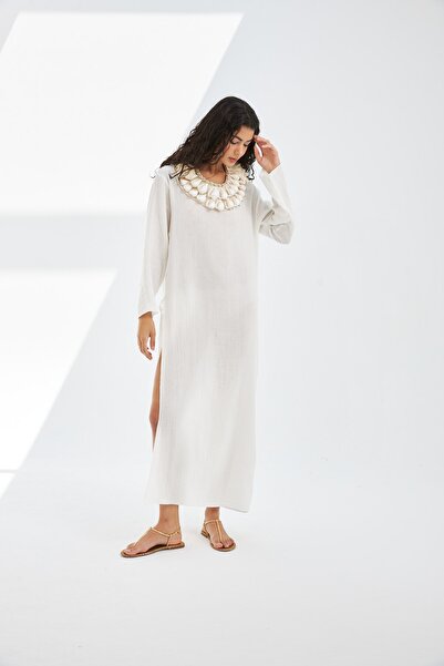 Grace&Lilly Atelier Daphne Pamuk Bürümcük Beyaz Oversize Yırtmaçlı Elbise