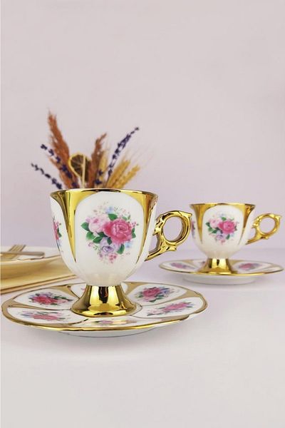 Digithome Gilded Coffee Cup Set for 2 People - Gold Kosova Porcelain Ist-142 C320.049