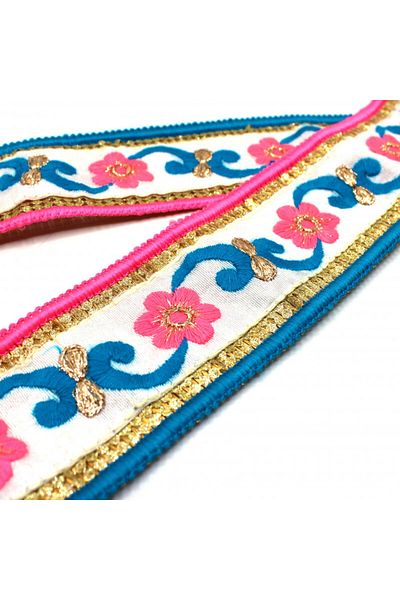 bidoluhobi Indian Handwork Ribbon Flower Motif Turquoise-pink