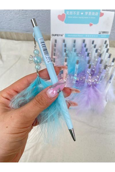 Planet Butik Glass Candy Figured Feathered Versatil Pen Blue