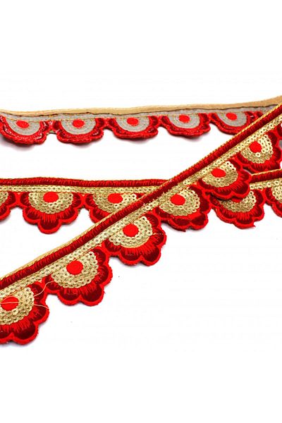 Turgut Brode Indian Handwork Stripe Sequin Motif Flower Red