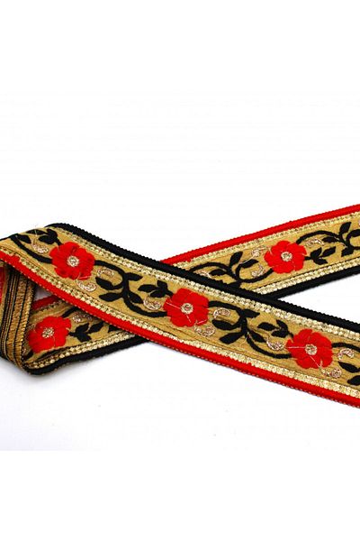bidoluhobi Indian Work Stripe with Flower Motif Black - Red