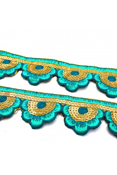 Turgut Brode Indian Handwork Stripe Sequin Motif Flower Turquoise