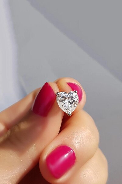 MorMajor Silver Tekli Ithal Kalp Heart G Color Mozanit Gümüş Küpe