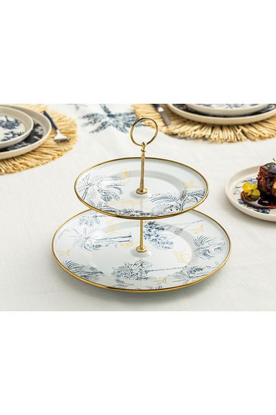 English Home Toile Botanical Enamel Folded Service 21x29 Cm Dark Blue-white