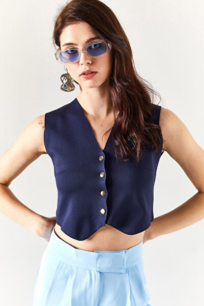 Olalook Dámská námořnická modrá zlatá pletená vesta YLK-19000018