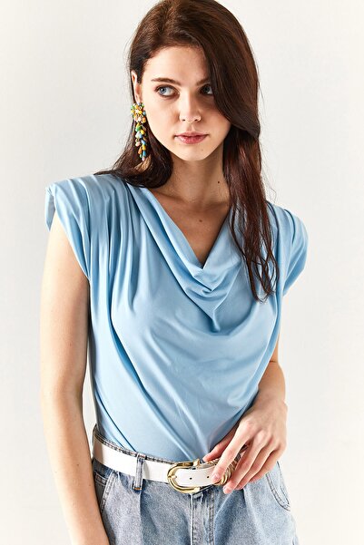 Olalook Women's Baby Blue Padded Collar Loose Blouse BLZ-19002217