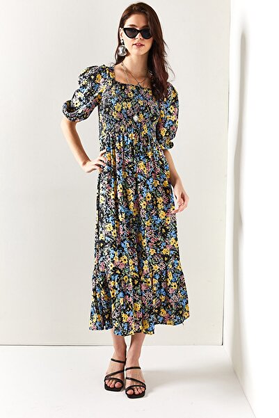 Olalook Γυναικείο μαύρο κίτρινο ελαστικό casual υφασμένο φόρεμα βισκόζης ELB-19001483