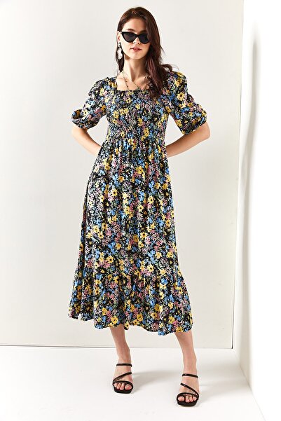 Olalook Γυναικείο μαύρο κίτρινο ελαστικό casual υφασμένο φόρεμα βισκόζης ELB-19001483