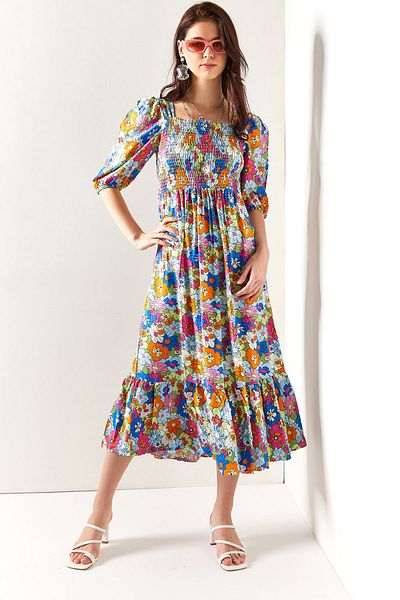 Olalook Women's Baby Blue Orange Elastic Casual Woven Viscose Dress ELB-19001483